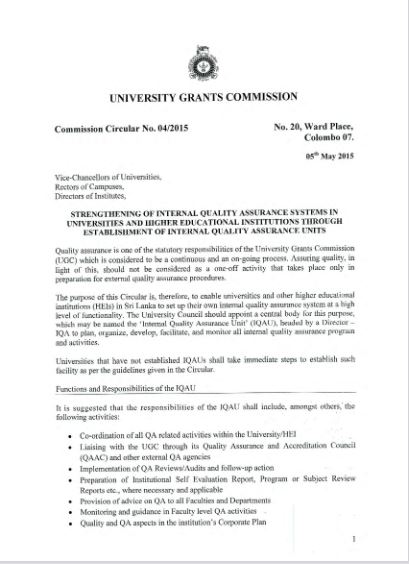Commission Circular  - 04/2015 Strengthening of IQAS